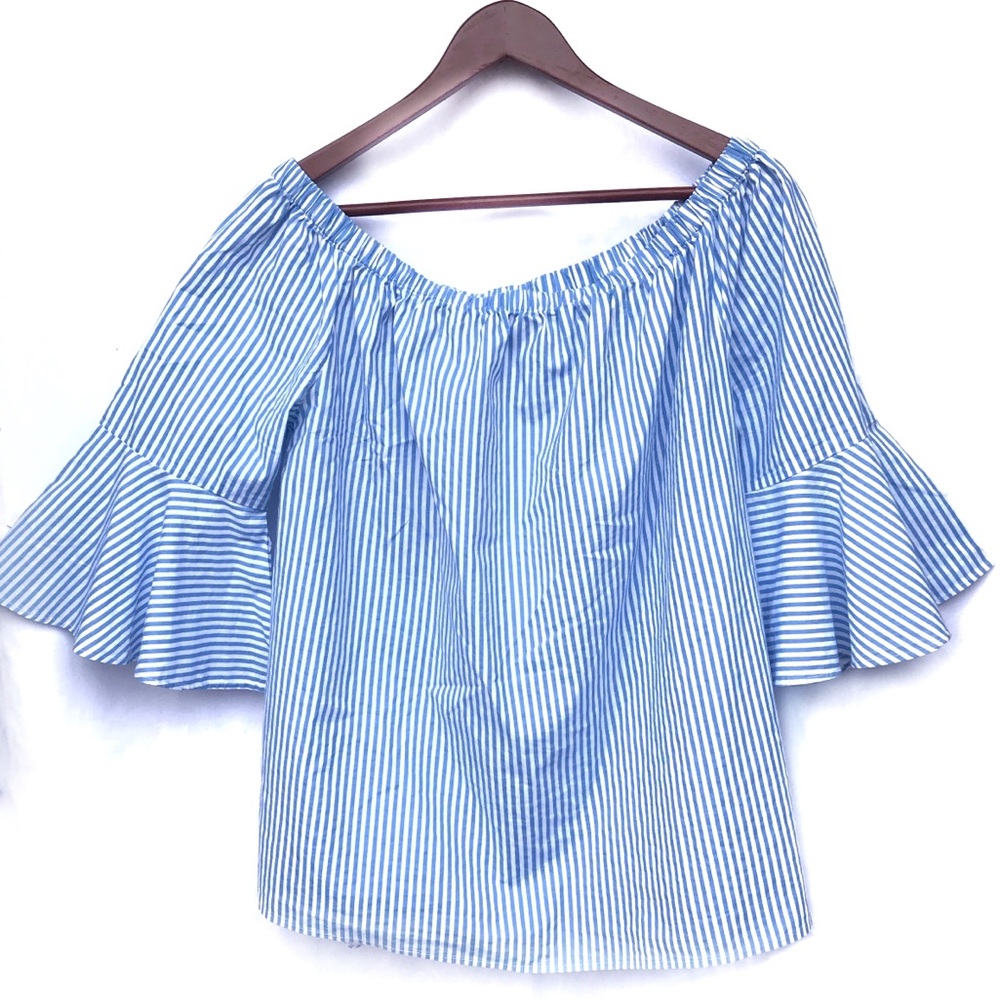 Striped Off the Shoulder Bell Flute Sleeve Top XL